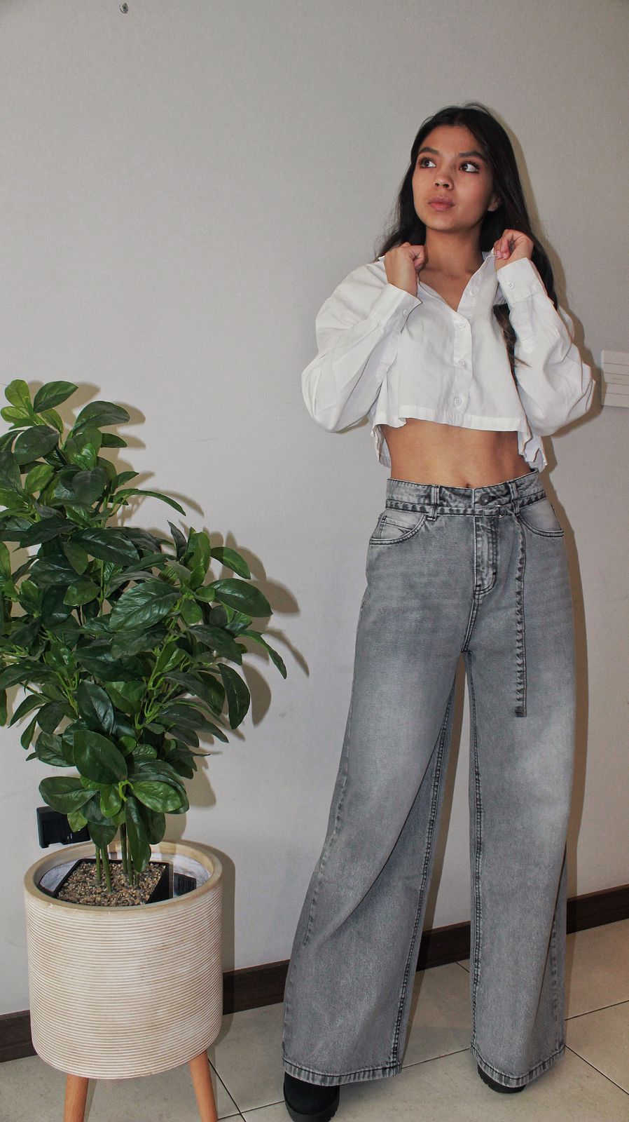 ASH GREY HIGH RISE BELTED WIDE