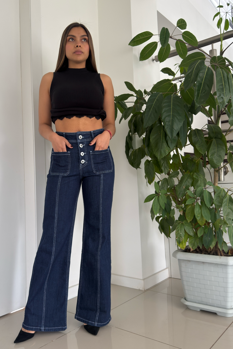 INDIGO BUTTON HIGH RISE WIDE LEG