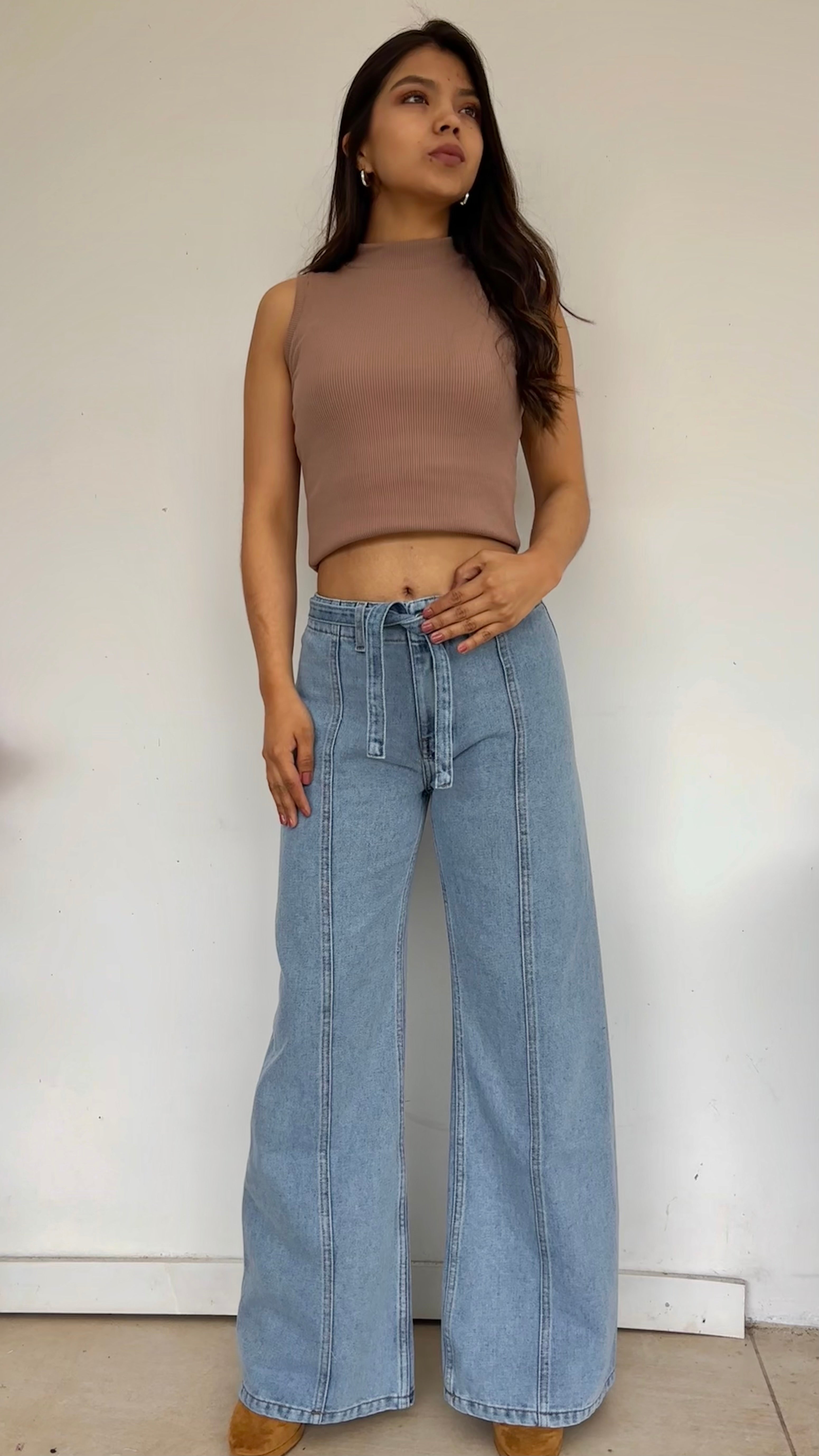 WIDE LEG HIGH RISE BELTED SKY BLUE