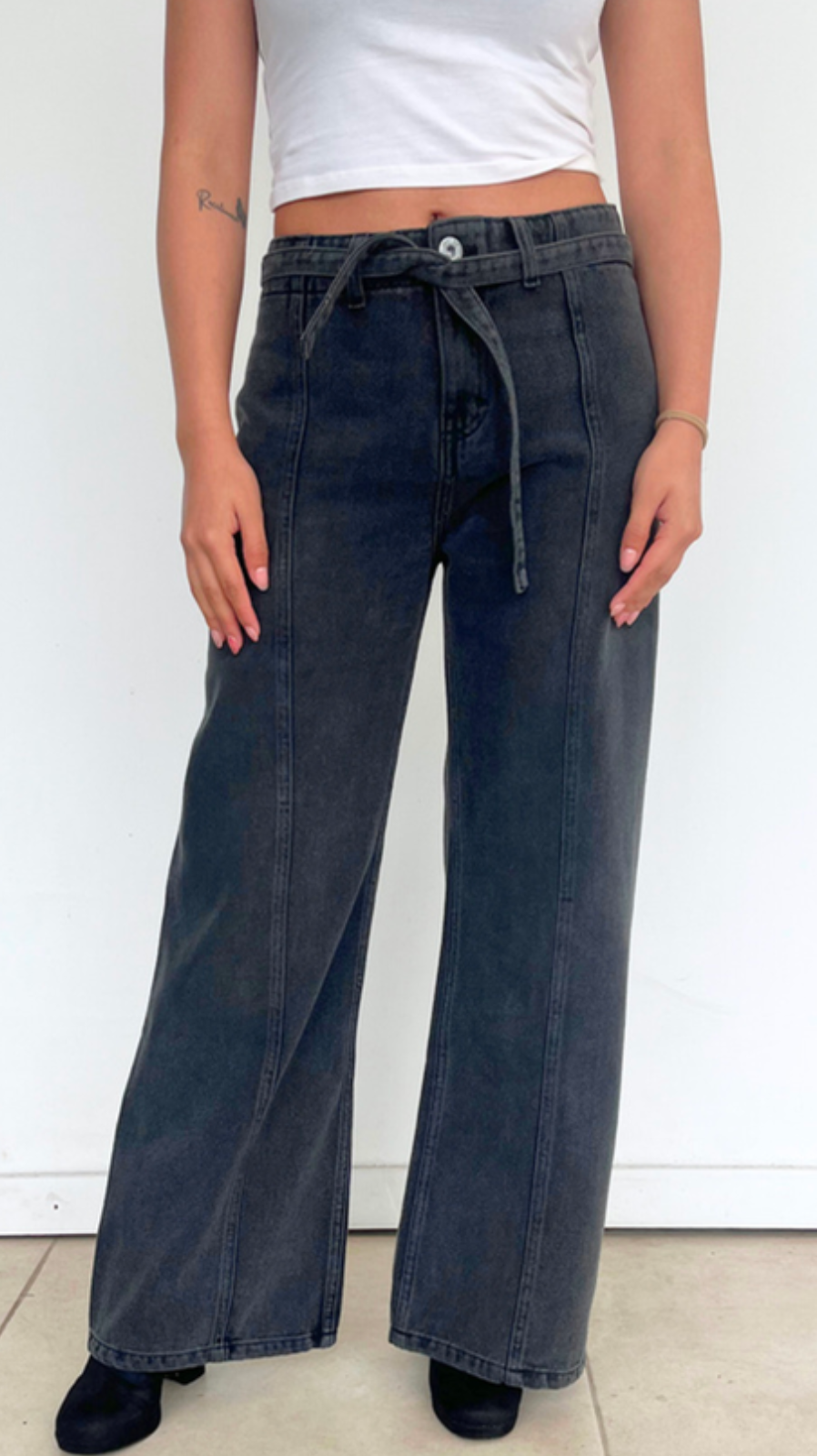 WIDE LEG HIGH RISE CHARCOAL BELT