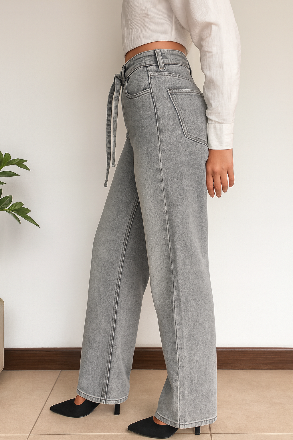 ASH GREY HIGH RISE BELTED WIDE